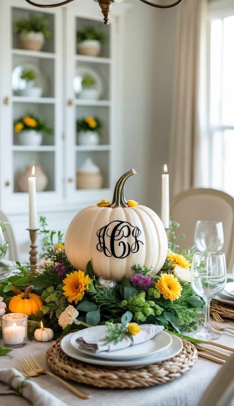 Dining Room Table Centerpiece Ideas - Dining room table with a monogrammed pumpkin centerpiece surrounded by flowers, candles, and tableware.