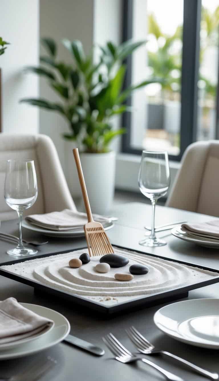 Dining Room Table Centerpiece Ideas - A miniature Zen garden with white sand and stones sits on a dining room table set with plates, silverware, and glasses, bathed in natural light.