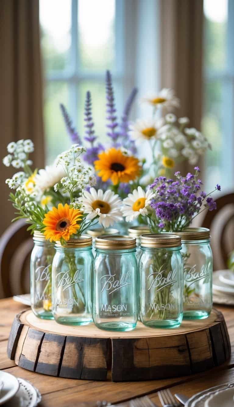 Dining Room Table Centerpiece Ideas - A wooden whiskey barrel stave holding mason jars filled with colorful wildflowers arranged on a dining room table.