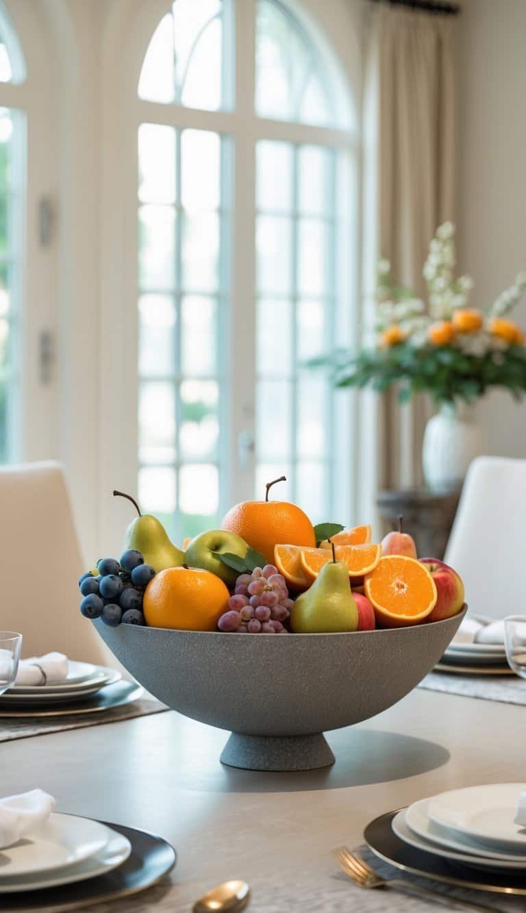 Dining Room Table Centerpiece Ideas - A dining room table with a colorful fruit bowl centerpiece filled with fresh apples, oranges, grapes, and pears, surrounded by chairs and natural light.