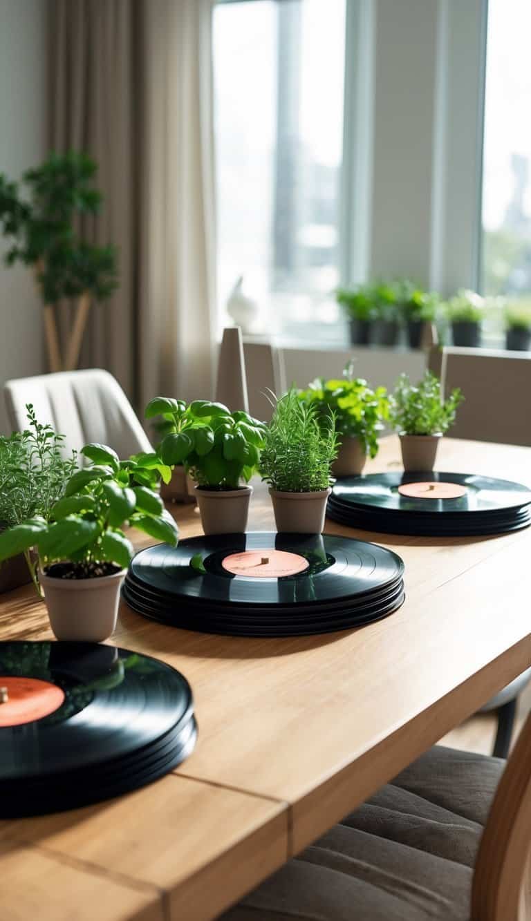 Dining Room Table Centerpiece Ideas - Dining room table with several repurposed vinyl records holding potted fresh herbs arranged as centerpieces.
