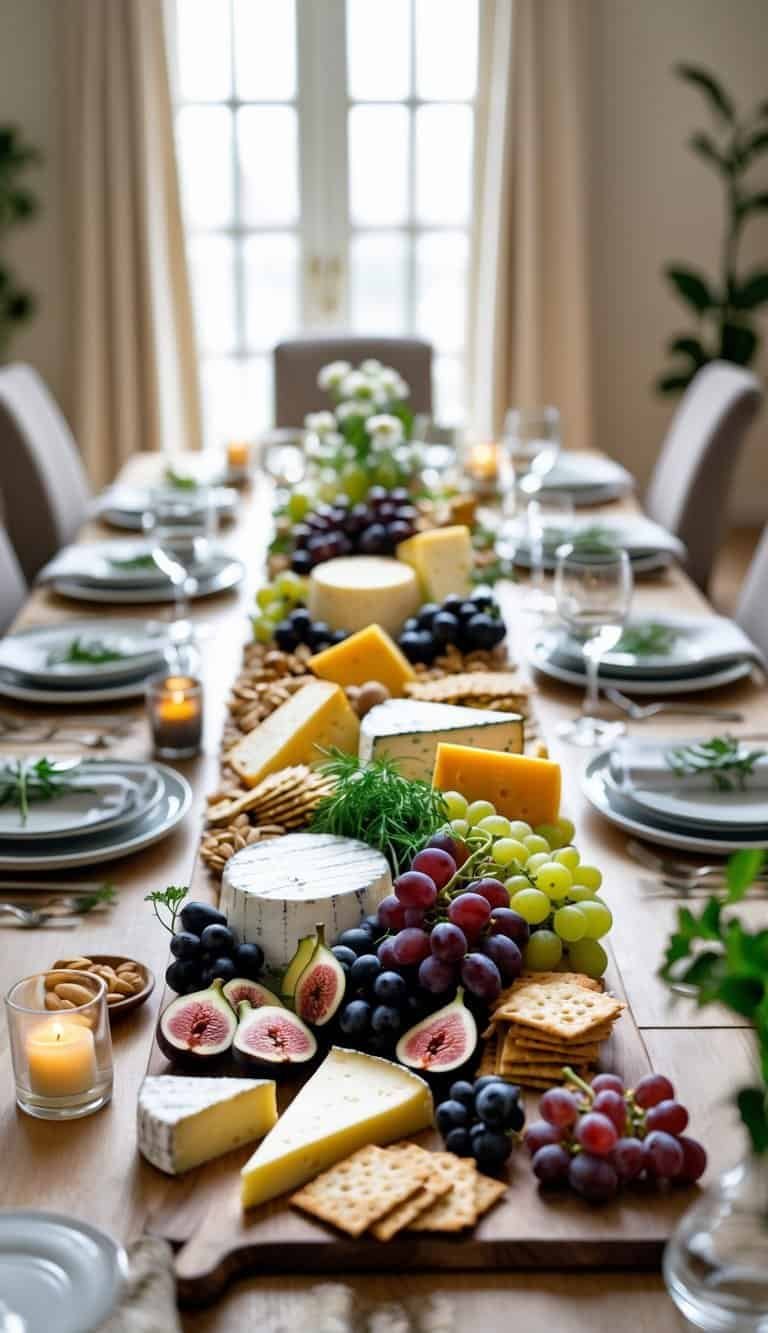 Dining Room Table Centerpiece Ideas - A dining table with a cheese board centerpiece featuring cheeses, fruits, nuts, crackers, candles, flowers, and tableware.