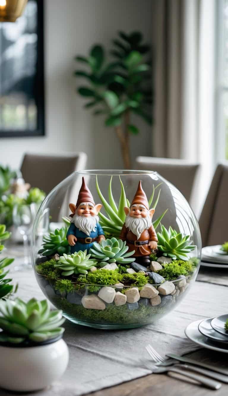 Dining Room Table Centerpiece Ideas - A succulent terrarium with small fake gnome figurines placed on a dining room table.