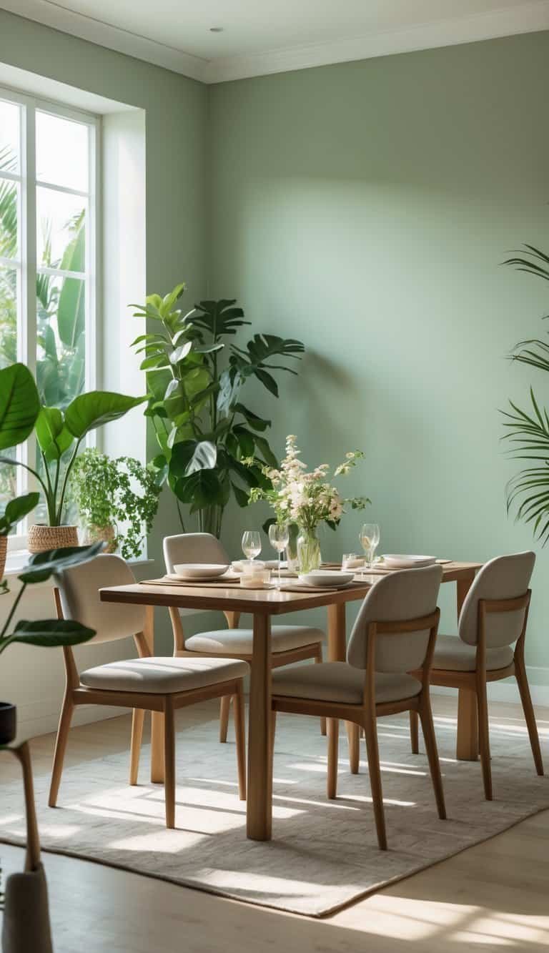 Dining Room Paint Color Ideas - A dining room painted in soft sage green with a wooden table, chairs, and several green plants near large windows.