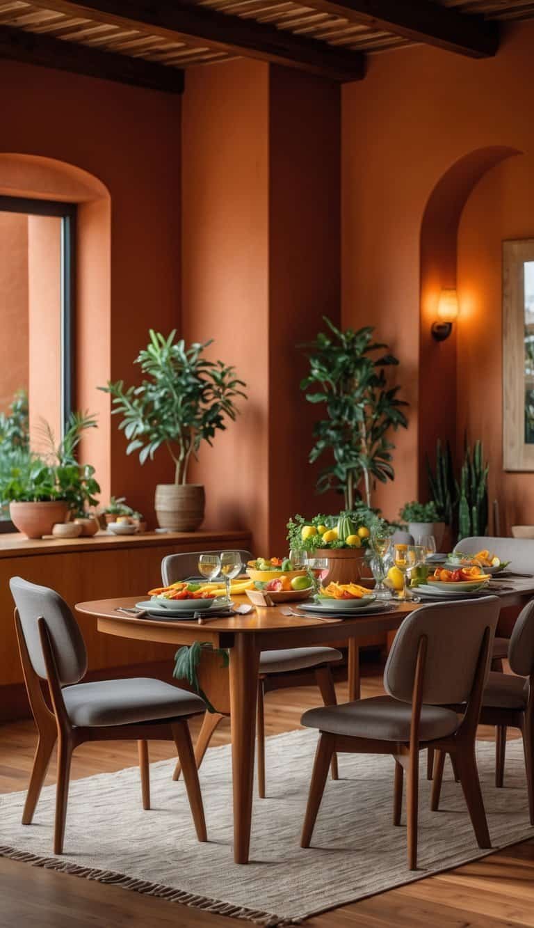 Dining Room Paint Color Ideas - Dining room with warm terracotta walls, wooden table set with food, and comfortable chairs in natural light.