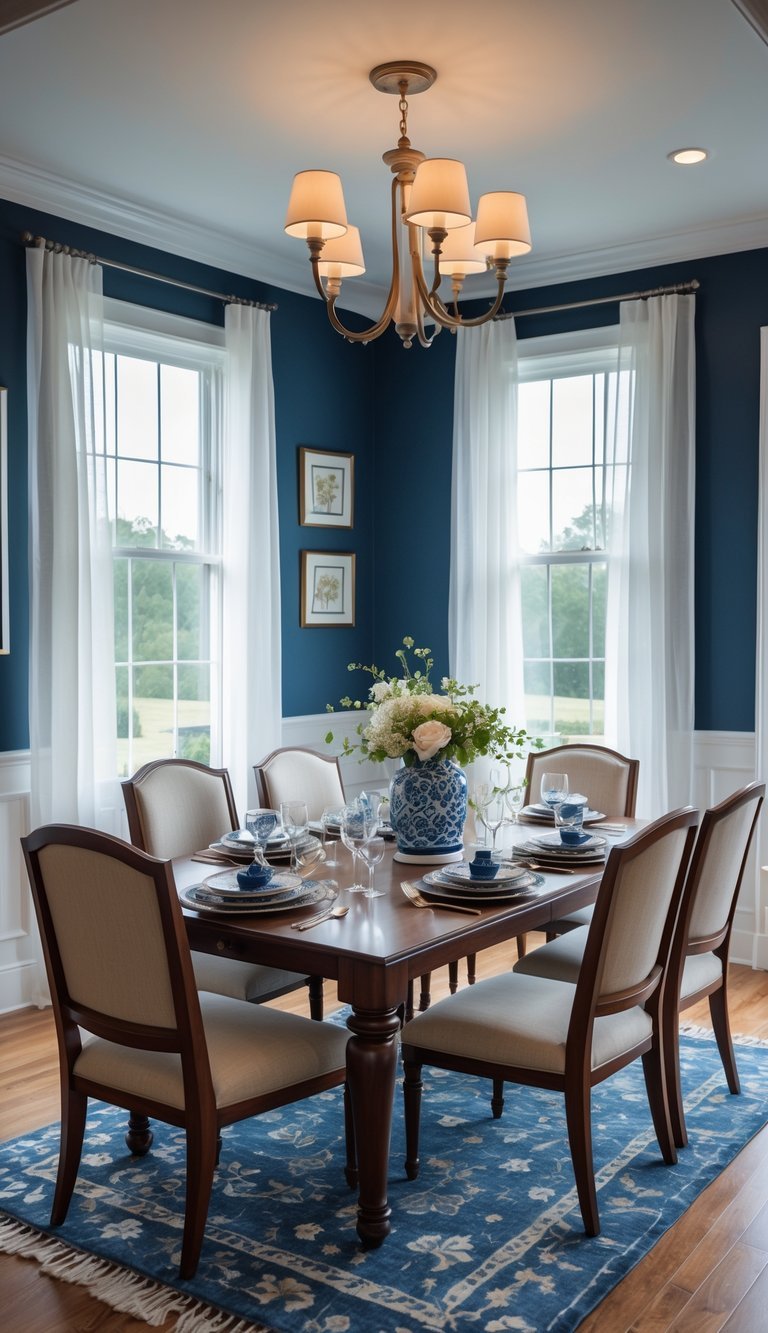 Dining Room Paint Color Ideas - A dining room with a navy blue wall, a wooden table set for eight, upholstered chairs, and soft lighting.