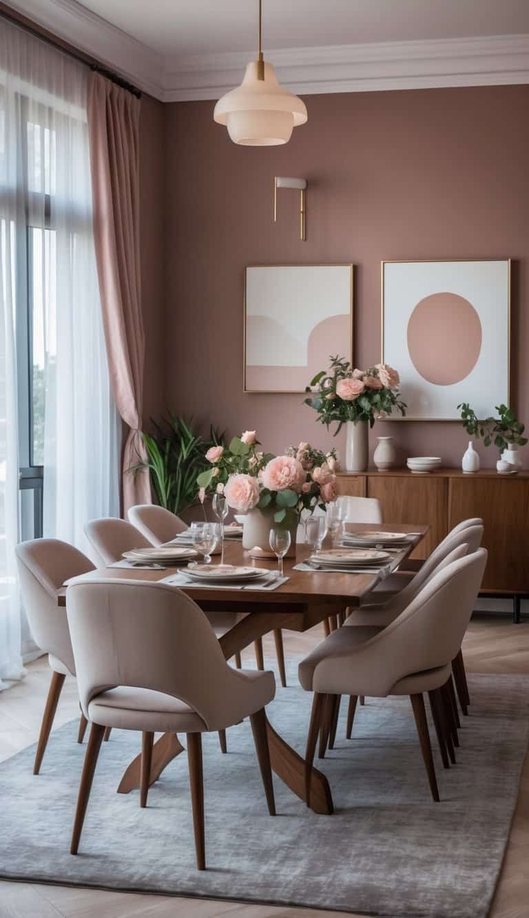 Dining Room Paint Color Ideas - Dining room with dusty rose walls, wooden table set for six, natural light from large windows, and a flower centerpiece on the table.