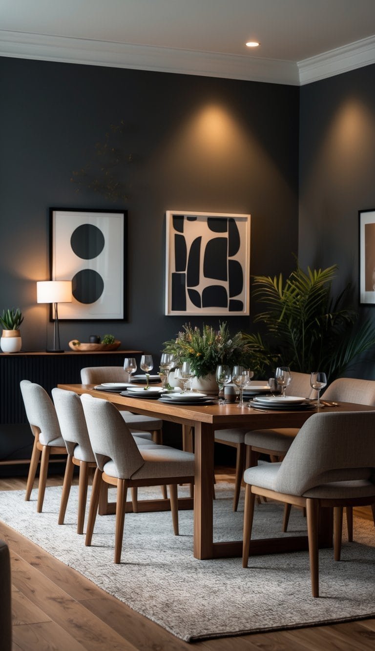 Dining Room Paint Color Ideas - Dining room with charcoal gray walls, wooden table set for eight, upholstered chairs, warm lighting, and decorative plants.