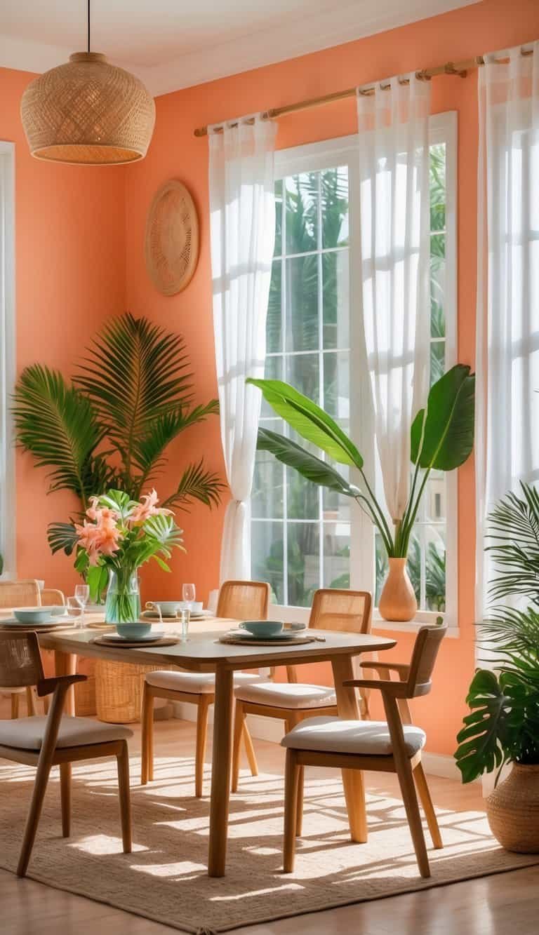 Dining Room Paint Color Ideas - A dining room with peachy coral walls, a wooden dining table set with chairs, tropical plants near large windows, and soft natural light filling the space.