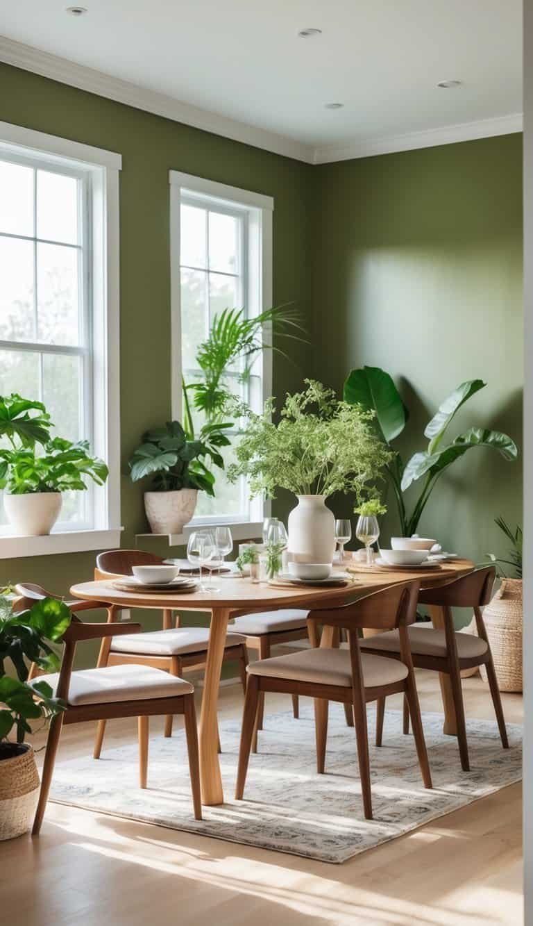 Dining Room Paint Color Ideas - A dining room with olive green walls, a wooden table set with chairs, large windows, and green plants around the space.