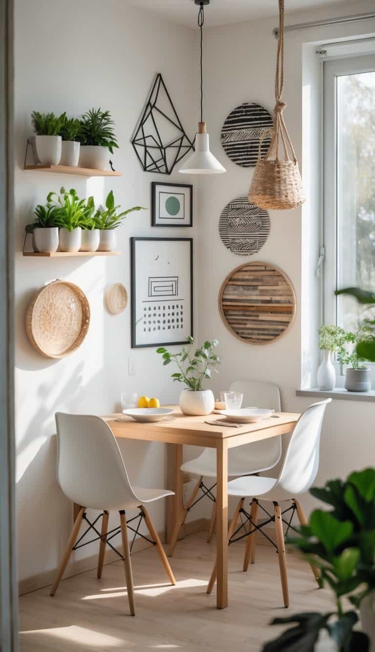 small Dining Room Wall Decor Ideas - Small dining room with a wooden table, chairs, and various wall decorations including shelves, artwork, mirrors, and plants.