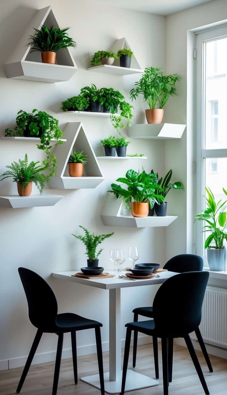 small Dining Room Wall Decor Ideas - A small dining room with floating geometric shelves holding green plants above a dining table set with chairs.