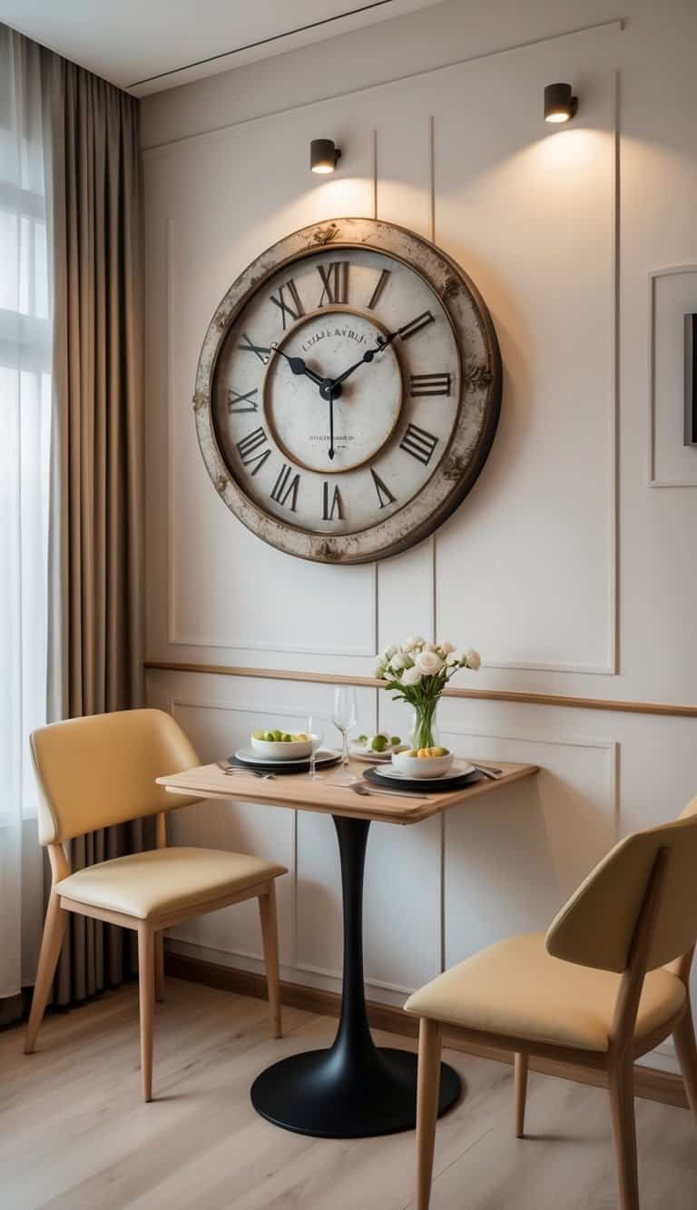 small Dining Room Wall Decor Ideas - A small dining room with a wooden table set for two and a large vintage clock hanging on the wall.