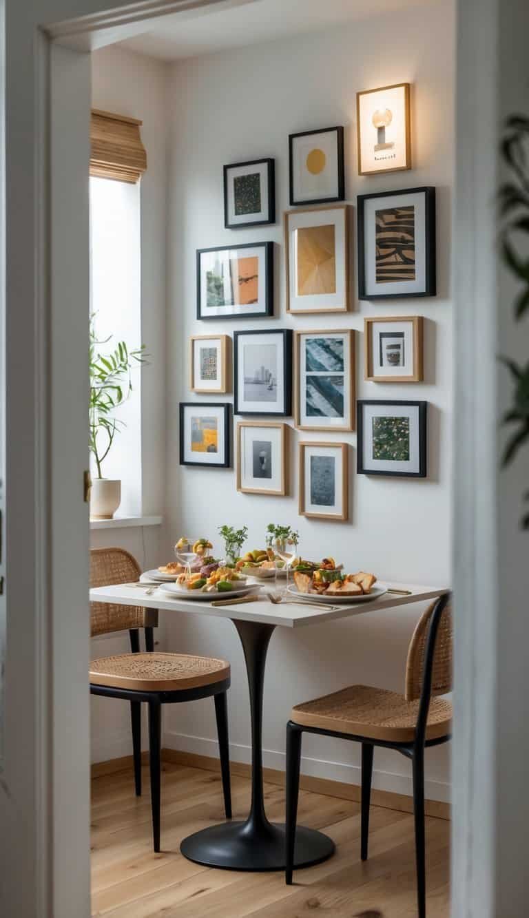 small Dining Room Wall Decor Ideas - A small dining room with a table set with snacks and a wall displaying multiple framed artworks arranged in a gallery style.