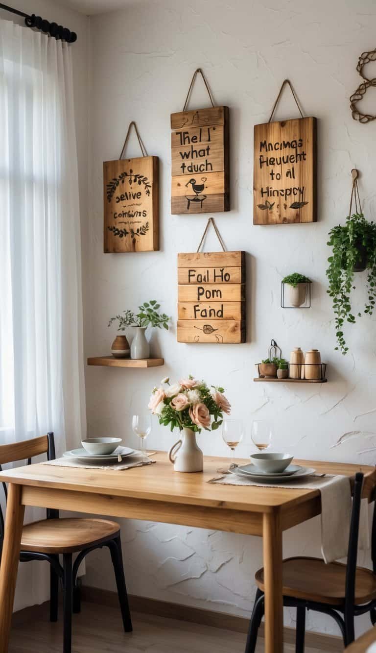 small Dining Room Wall Decor Ideas - A small dining room with rustic wooden signs on the wall, a wooden table set for a meal, and various decorative wall elements including plants and framed prints.