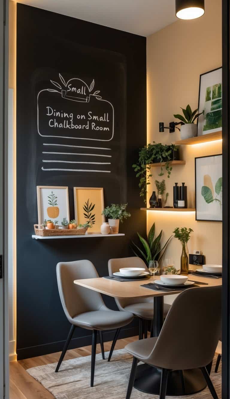 small Dining Room Wall Decor Ideas - A small dining room with a chalkboard-painted wall, a dining table set with chairs, and various wall decorations including plants and framed art.