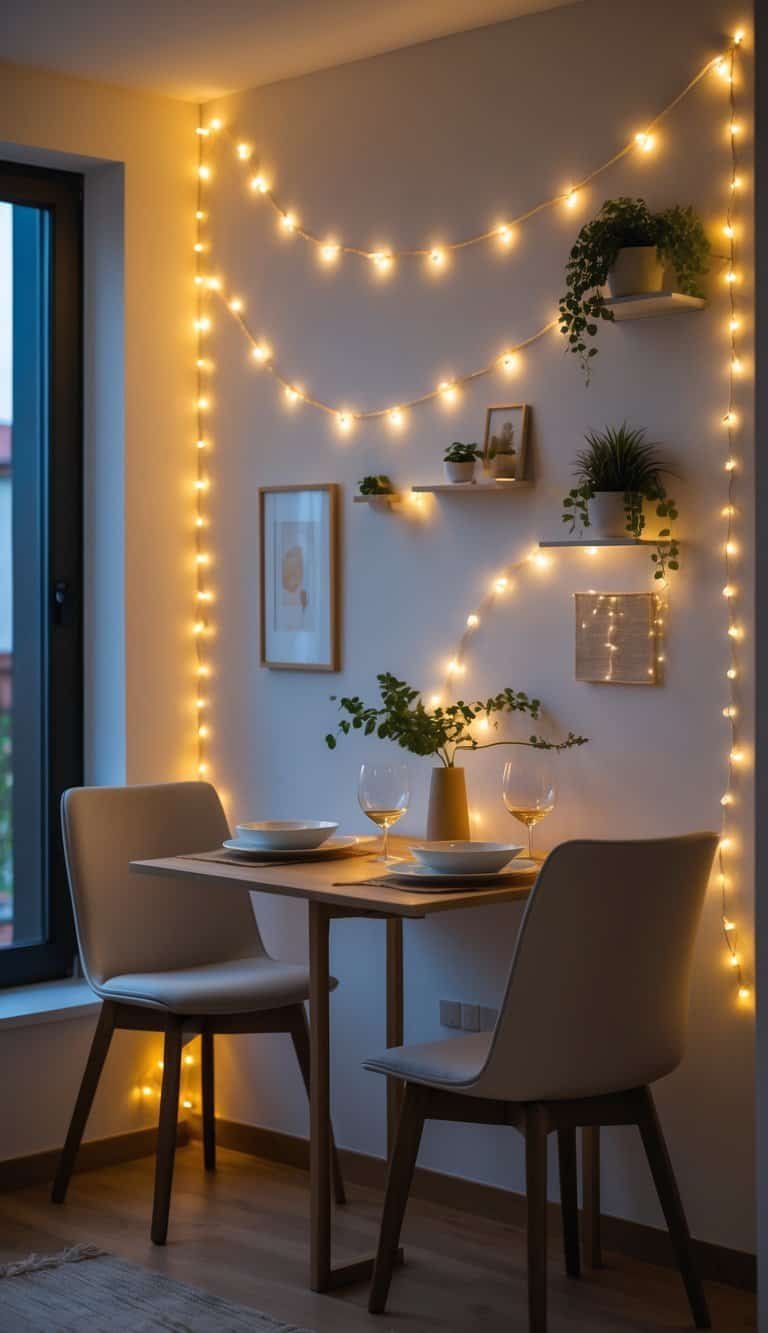 small Dining Room Wall Decor Ideas - small Dining Room Wall Decor Ideas - Small dining room with a wooden table, chairs, and string lights hanging on the wall, creating a warm and cozy atmosphere.
