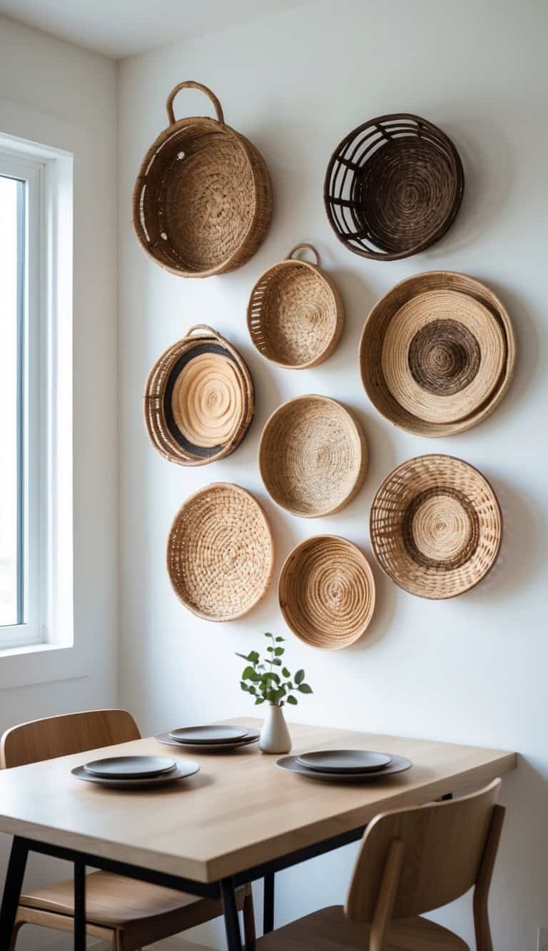 small Dining Room Wall Decor Ideas - Small dining room with a wooden table and oversized woven baskets hanging on the wall above it.