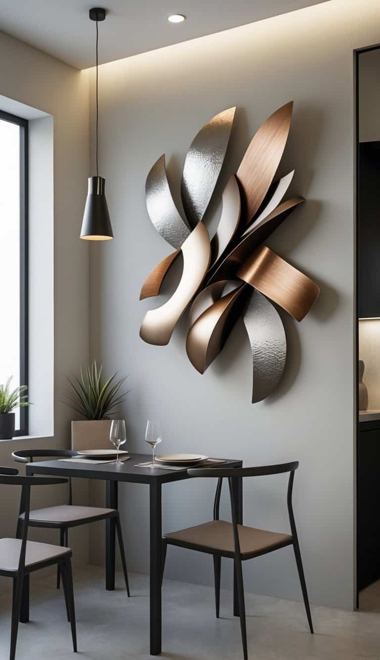 small Dining Room Wall Decor Ideas - A small dining room with a wooden table and chairs, featuring an abstract metal wall sculpture as decoration.