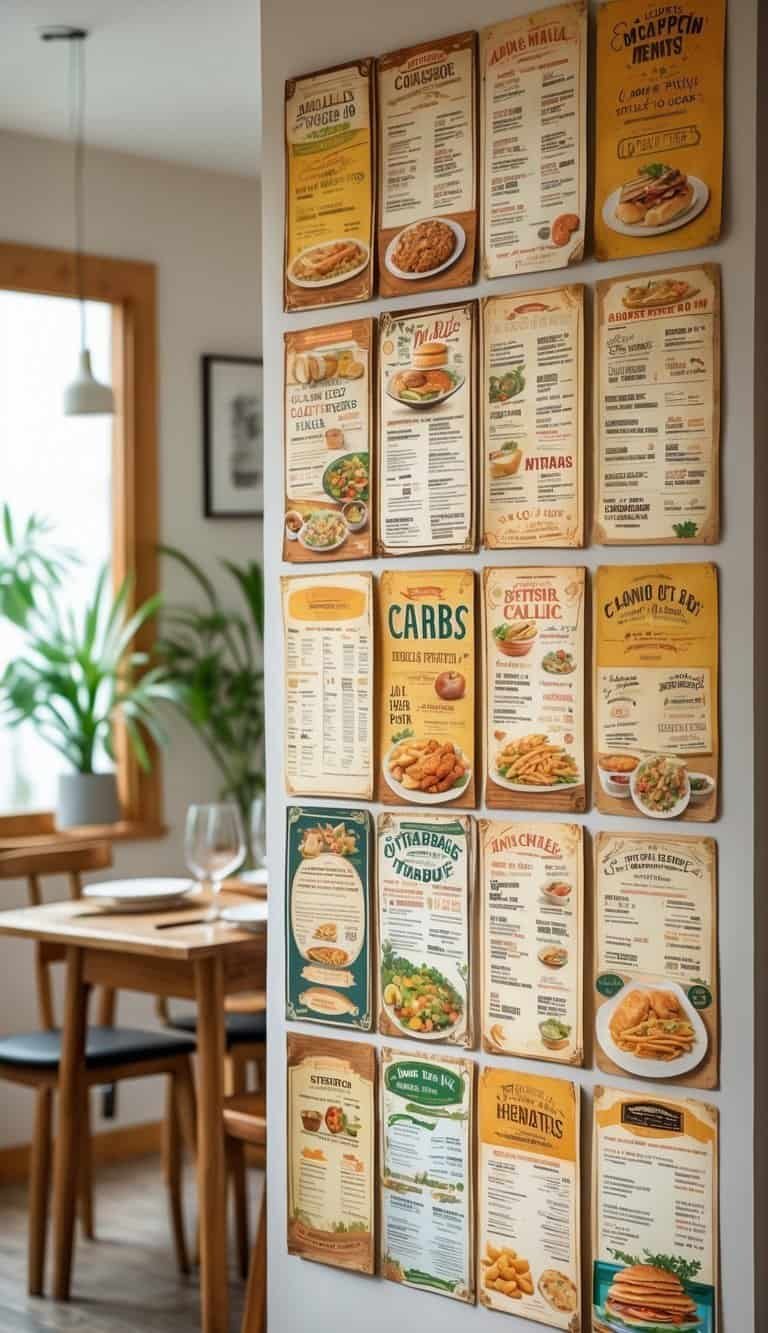 small Dining Room Wall Decor Ideas - A small dining room wall decorated with a collage of vintage dining menus above a wooden dining table with tableware and plants.