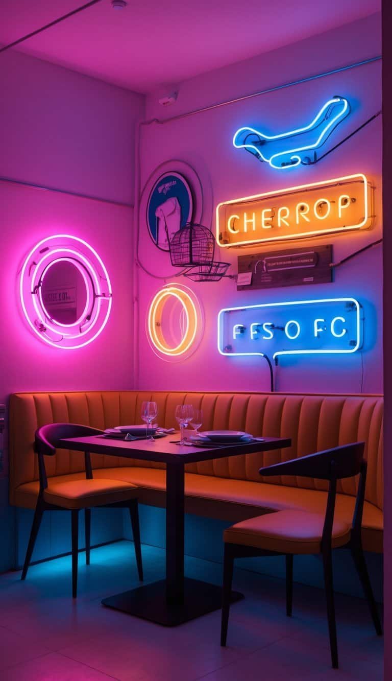 small Dining Room Wall Decor Ideas - A small dining room with a wooden table and chairs, illuminated by colorful neon wall lights creating a warm and inviting atmosphere.