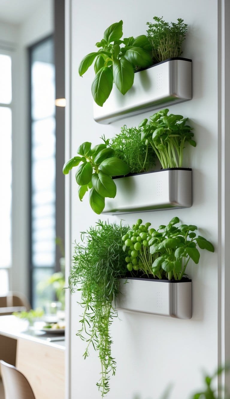 small Dining Room Wall Decor Ideas - A small dining room with a wall-mounted herb garden featuring fresh basil and other green herbs in containers on the wall.