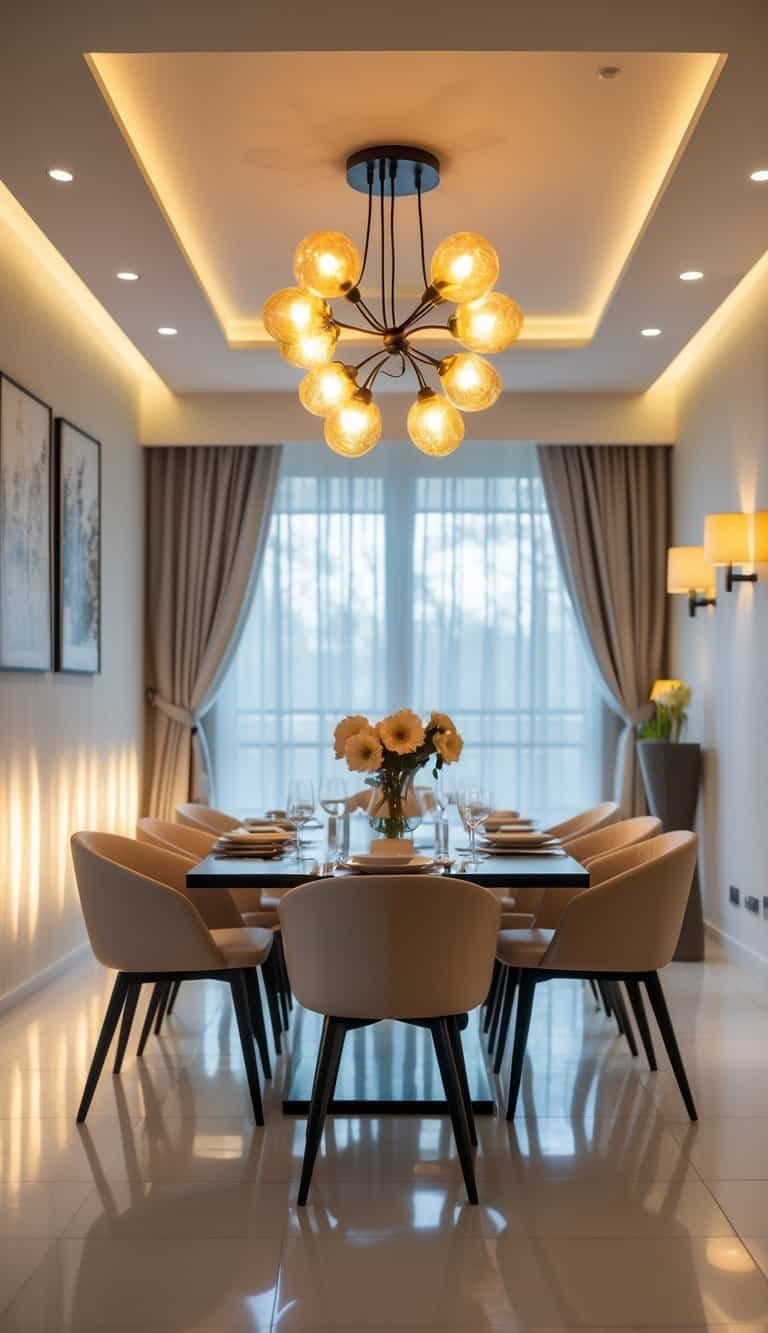dining room lighting ideas - A bright dining room with a table set for a meal, featuring multiple light sources including a chandelier, ceiling lights, a floor lamp, and wall sconces.