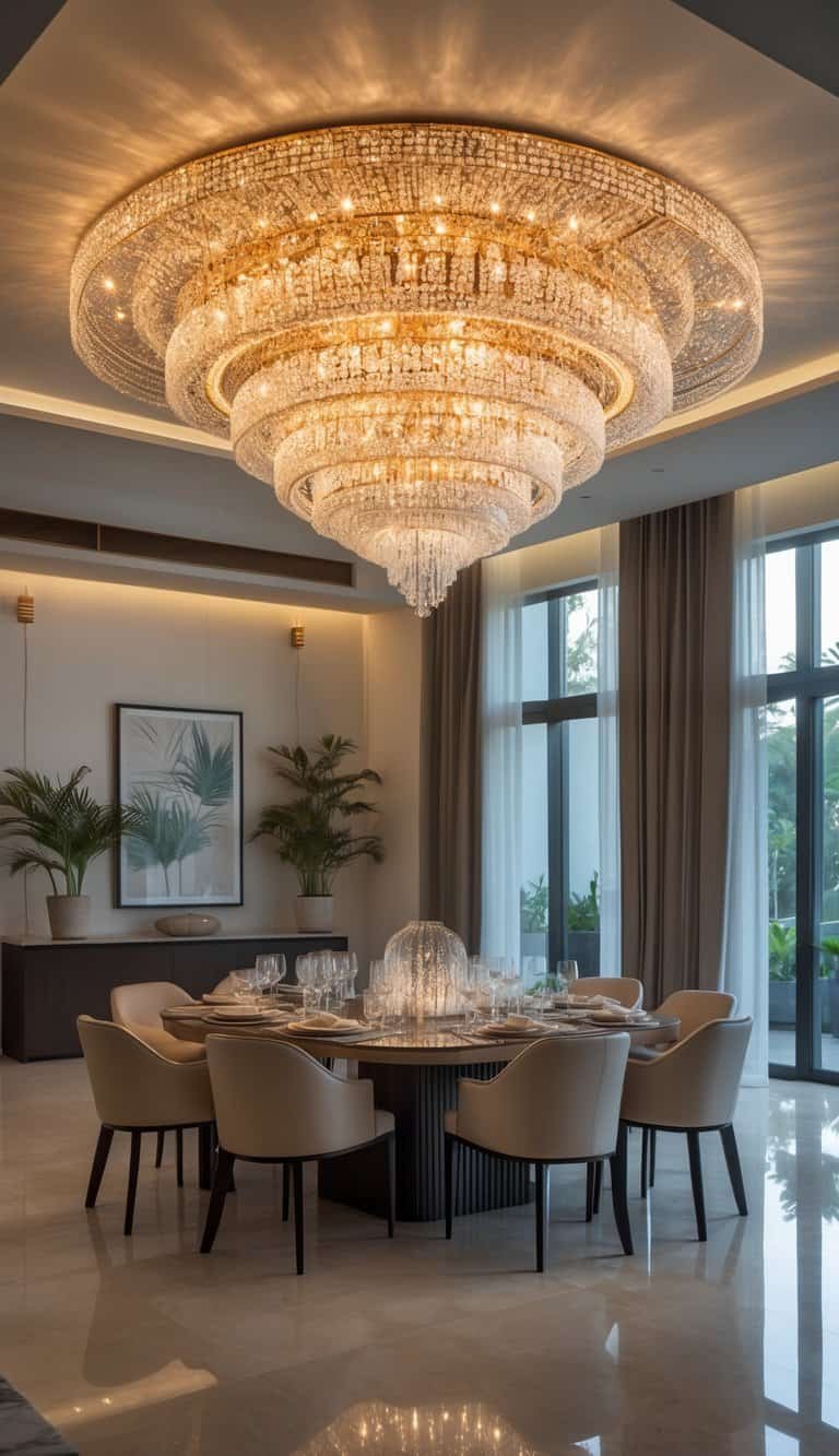 dining room lighting ideas - A spacious dining room with a large, glowing chandelier above a set dining table surrounded by chairs.