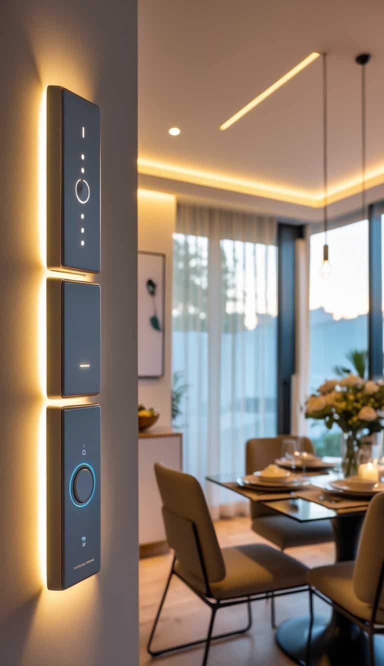 dining room lighting ideas - A modern dining room with a set dining table, comfortable chairs, and adjustable warm lighting from dimmer switches on the wall.