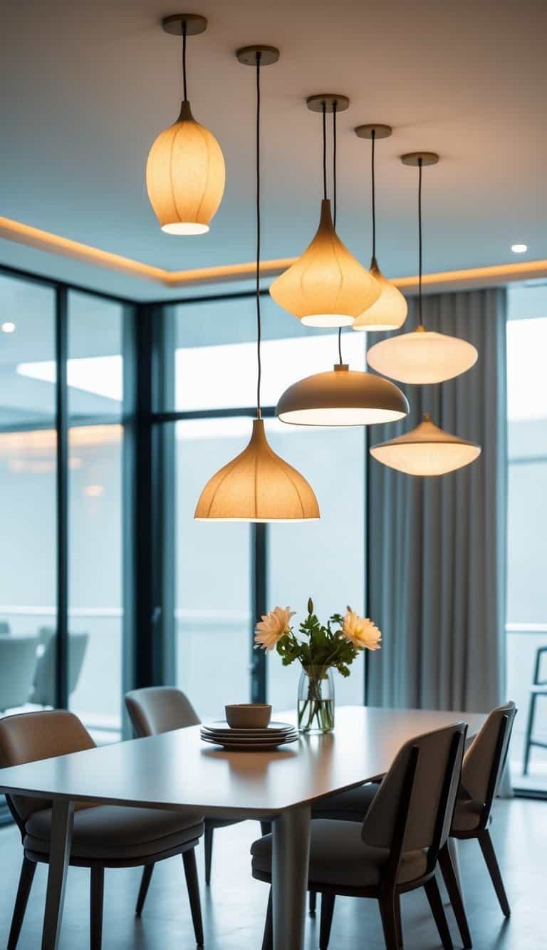 dining room lighting ideas - Dining room with multiple pendant lights hanging at different heights above a dining table set with flowers and tableware.