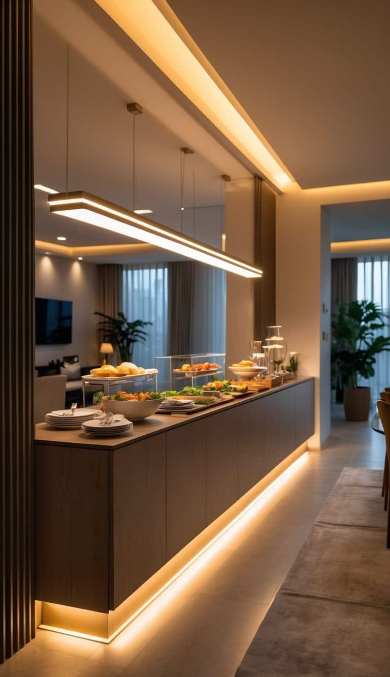 dining room lighting ideas - Dining room with buffet tables softly illuminated by warm LED strip lights installed underneath.