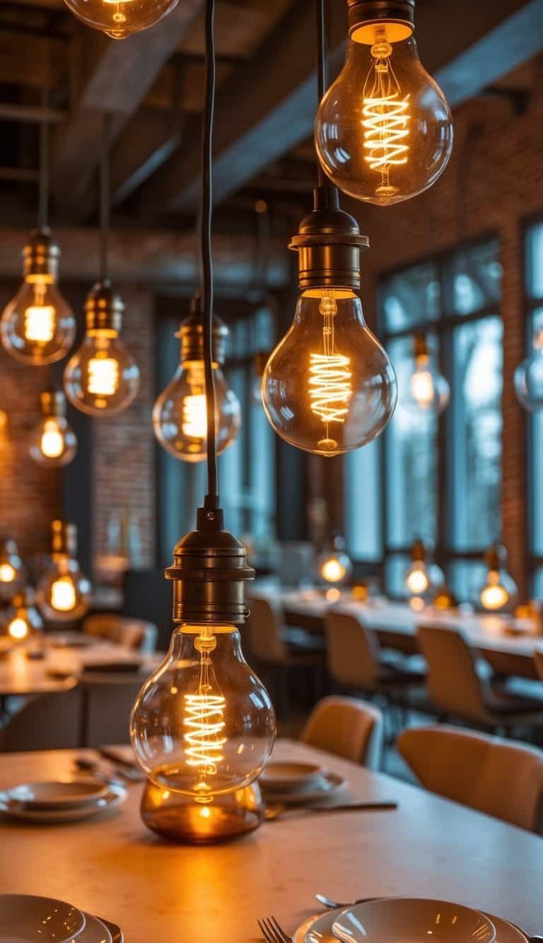 dining room lighting ideas - A dining room warmly lit by several glowing vintage Edison bulbs hanging above a set dining table with chairs and rustic decor.