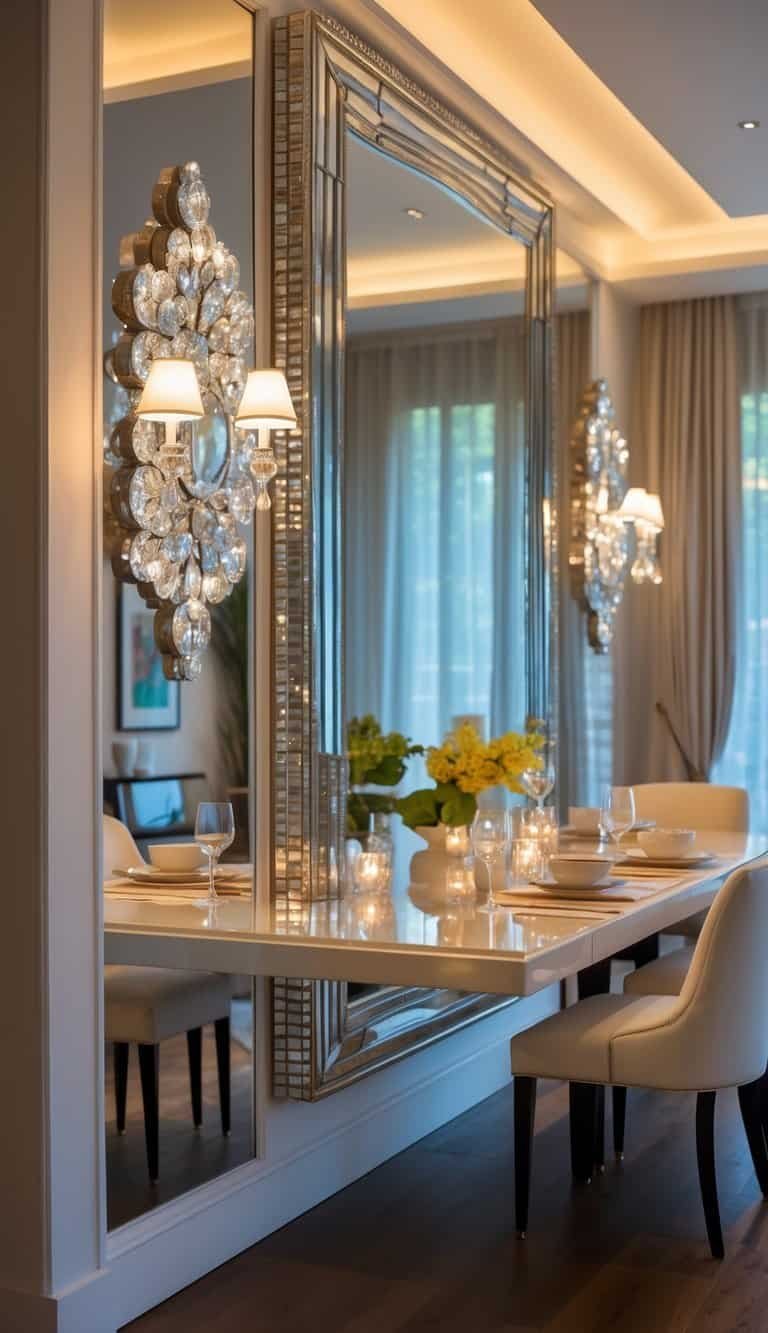 dining room lighting ideas - A bright dining room with mirrored wall sconces reflecting light and a set dining table.