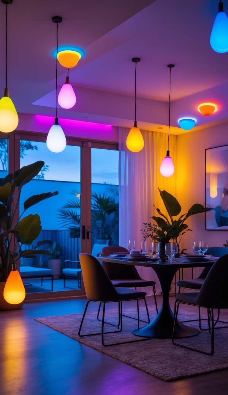 dining room lighting ideas - A dining room lit by color-changing smart bulbs with a table set and chairs around it.