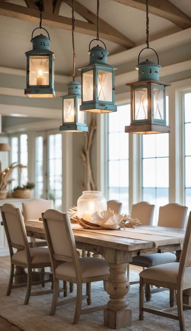 dining room lighting ideas - Dining room with wooden table and hanging rustic lanterns casting warm light, decorated with beach-inspired accents.