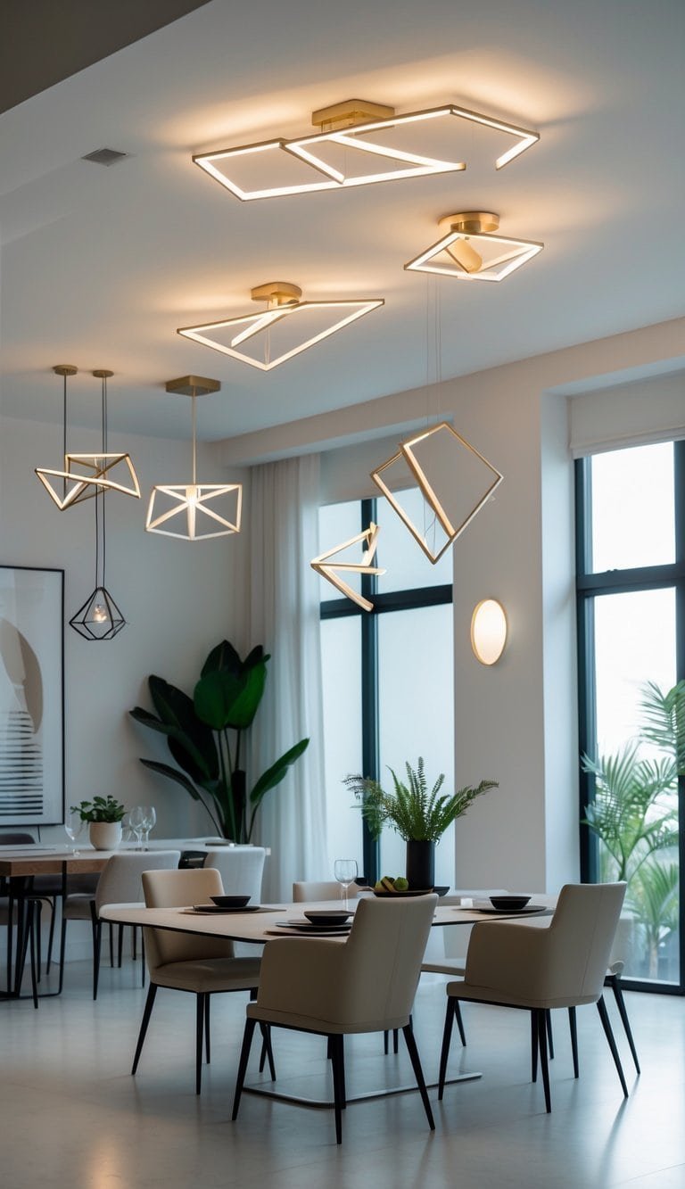 dining room lighting ideas - A bright dining room with geometric ceiling light fixtures illuminating a dining table set with plates and glasses.