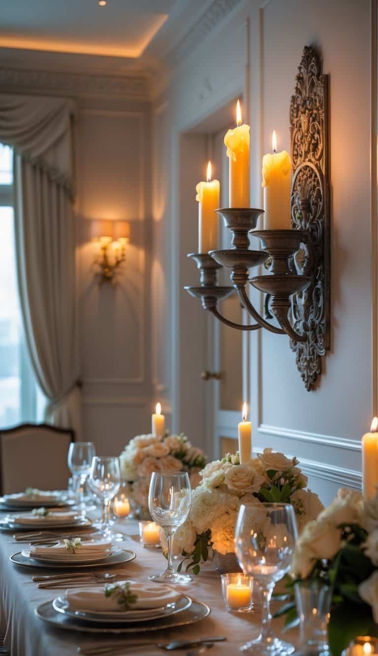 dining room lighting ideas - A dining room with candle-style wall fixtures glowing above a set dining table with plates, glasses, and flowers.