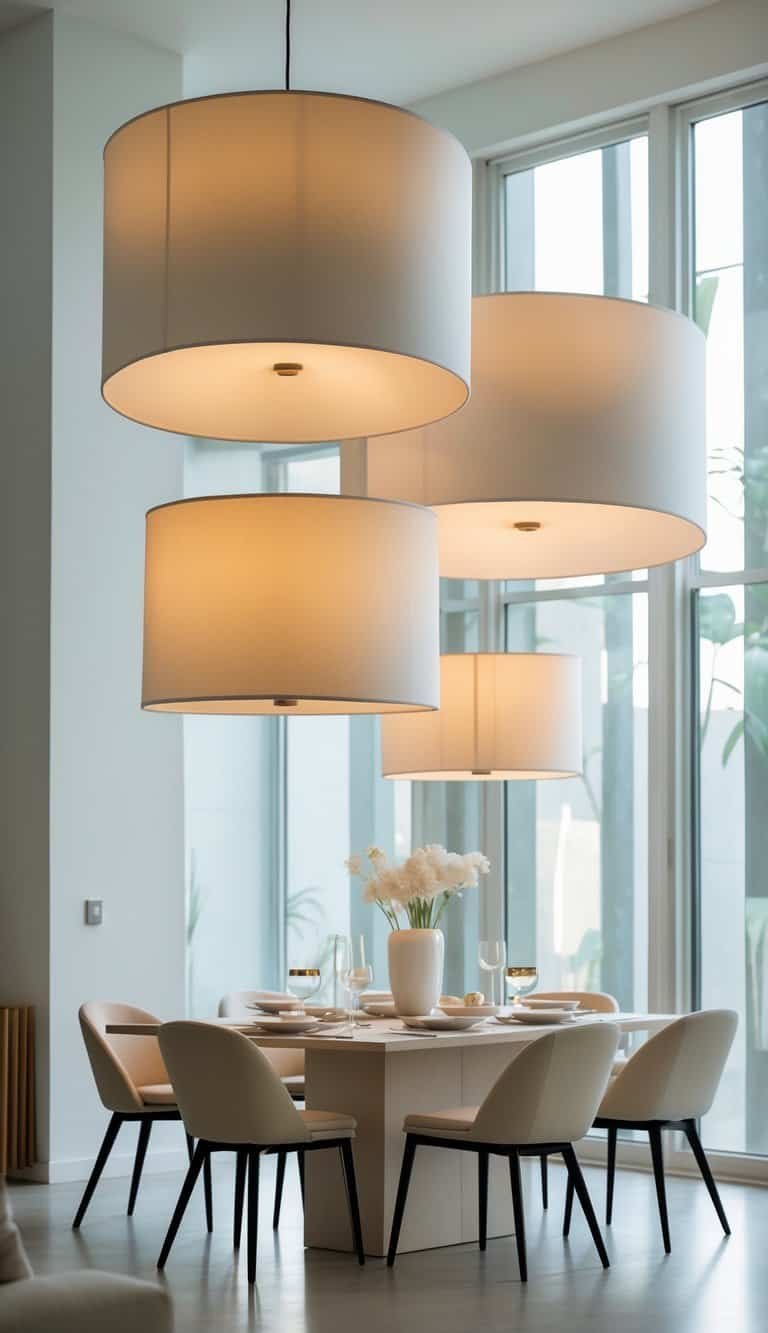 dining room lighting ideas - A dining room with a modern table and large drum-shaped lampshades hanging above it, illuminating the space warmly.