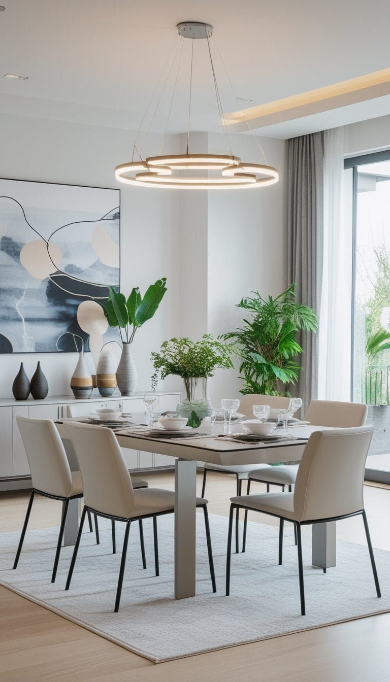 Modern Dining Room Ideas - A bright dining room with a table set for six, surrounded by chairs, large windows, and decorative elements like plants and artwork.