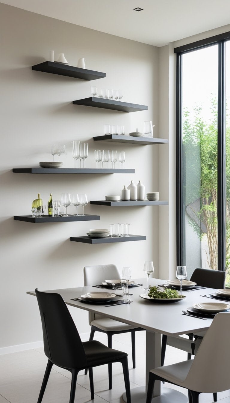 Modern Dining Room Ideas - Dining room with floating shelves holding dishware above a set dining table.