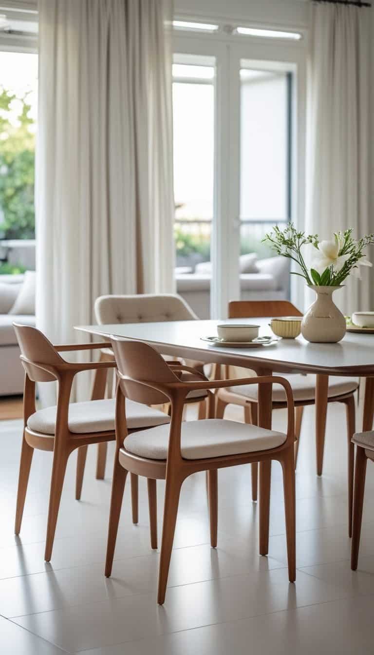 Modern Dining Room Ideas - A bright dining room with wooden chairs around a table and a cozy couch in the background.