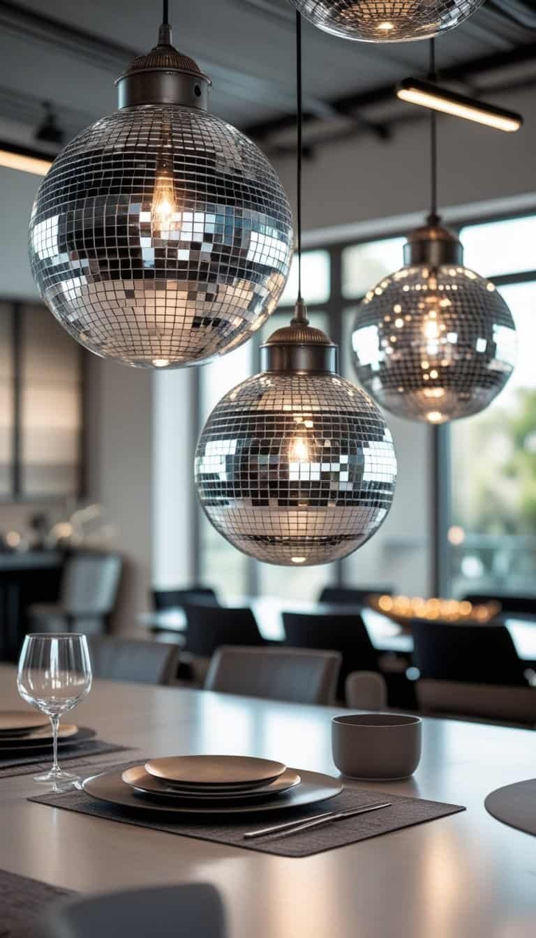 Modern Dining Room Ideas - A modern dining room with metal pendant lights hanging above a dining table.