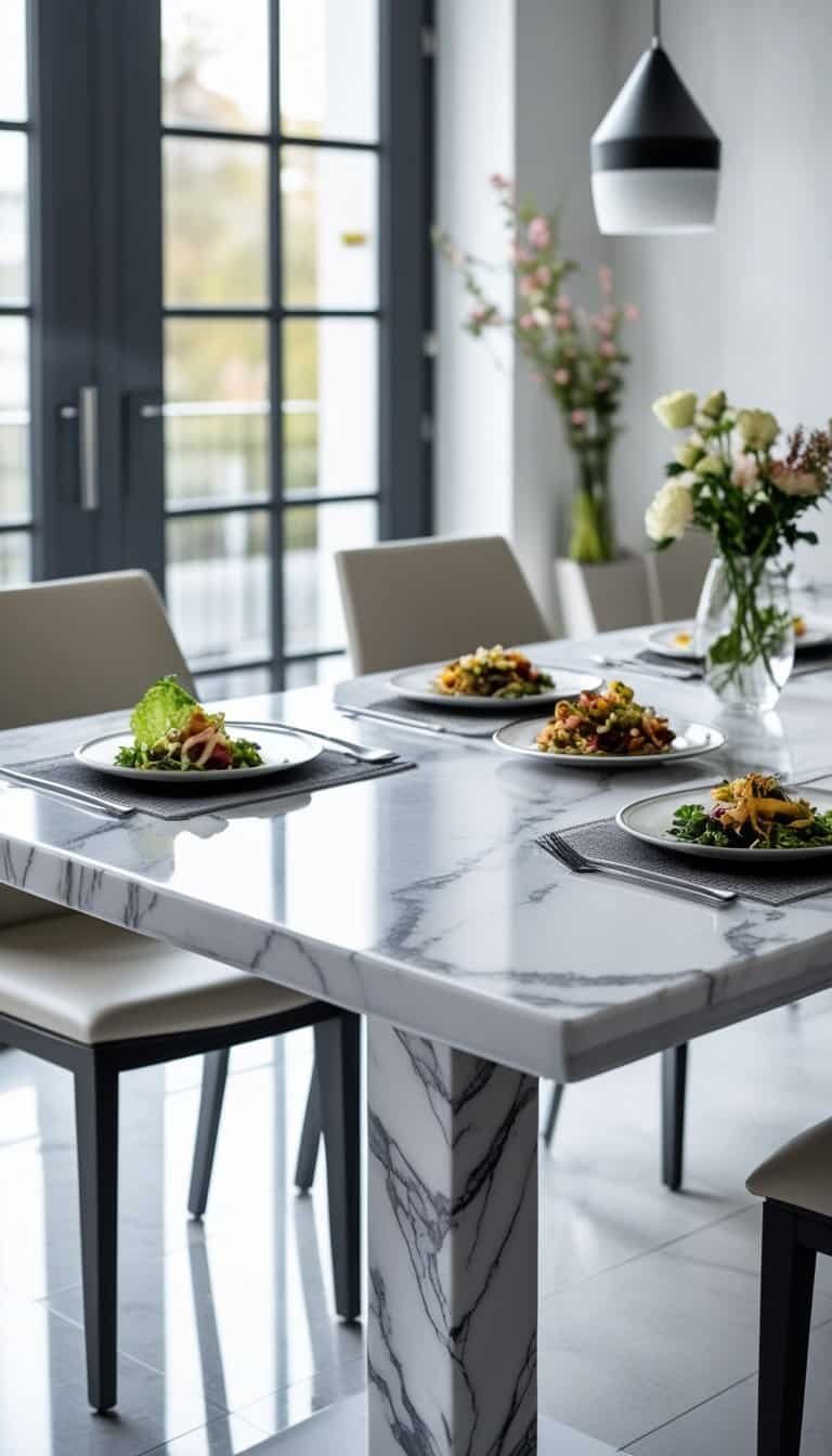 Modern Dining Room Ideas - A marble dining table set with gourmet-looking leftover dishes in a bright dining room with modern chairs and natural light.