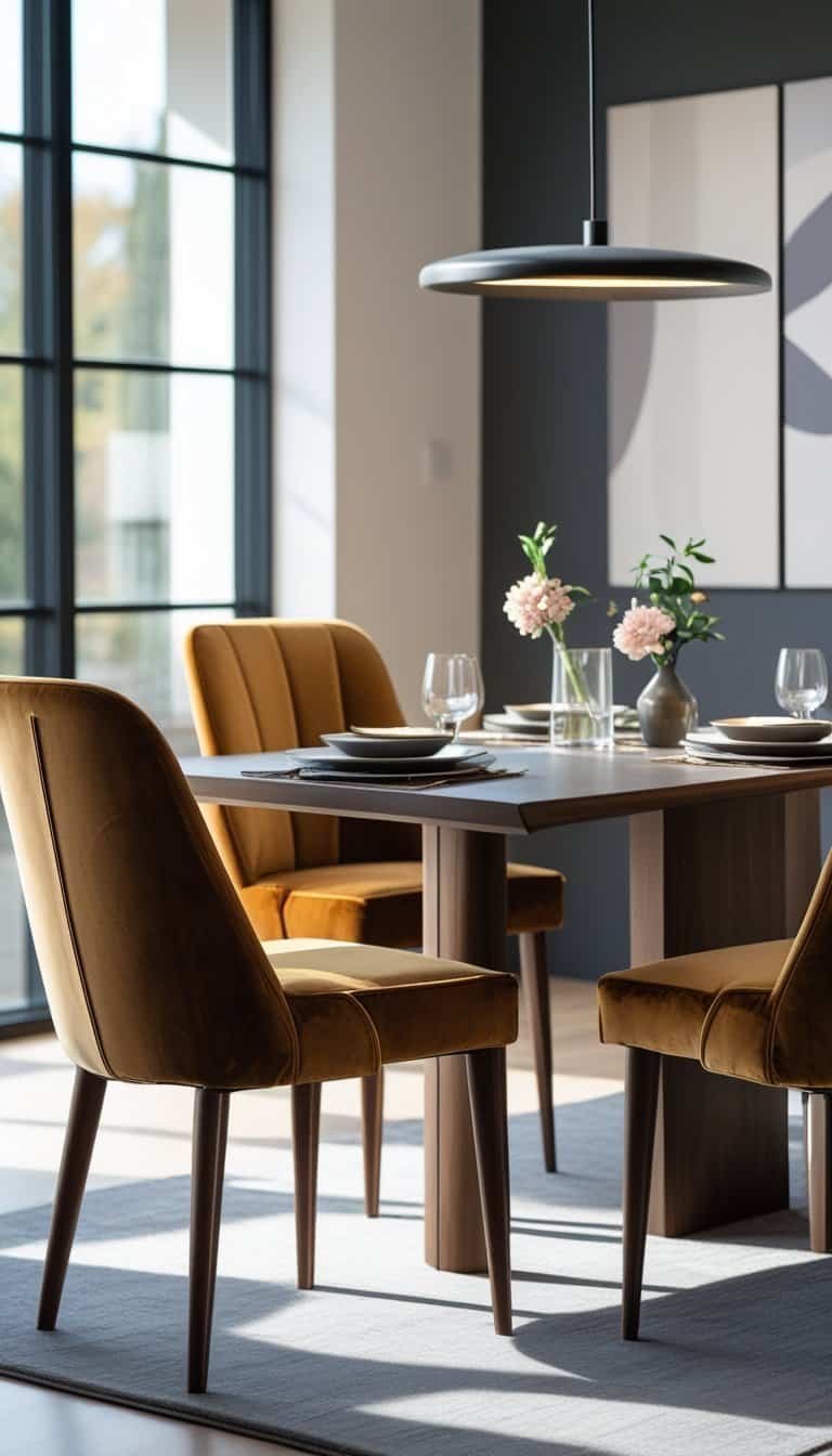 Modern Dining Room Ideas - A dining room with velvet upholstered chairs around a wooden table set near large windows with natural light.