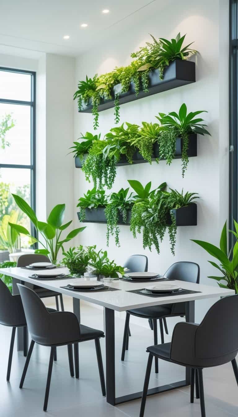 Modern Dining Room Ideas - A modern dining room with green plants in wall-mounted planters above a dining table set with chairs and natural light coming through large windows.