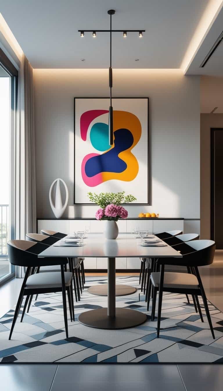 Modern Dining Room Ideas - A modern dining room with a large table, chairs, and a colorful abstract painting on the wall.