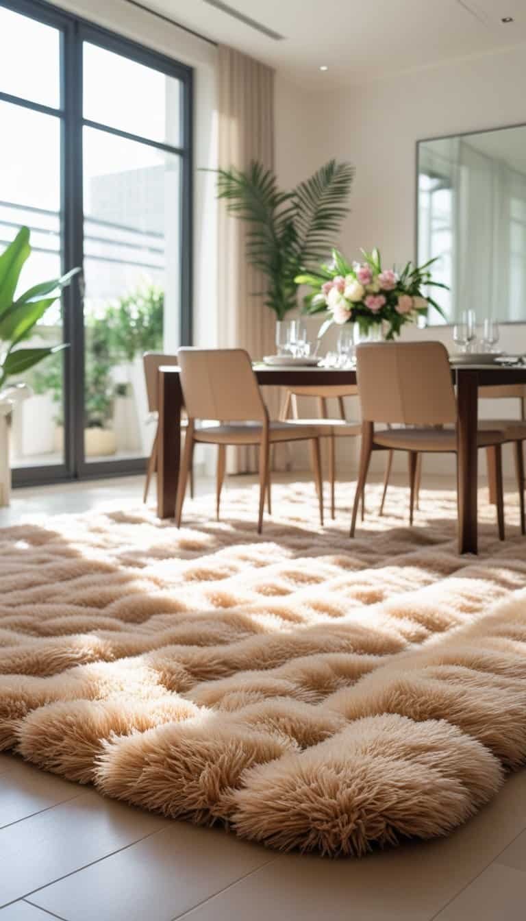 Modern Dining Room Ideas - A modern dining room with a large soft rug under a wooden table and chairs, lit by natural light from big windows.