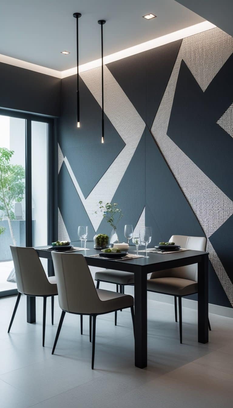 Modern Dining Room Ideas - A modern dining room with a geometric patterned wallpaper, a dining table, and chairs.