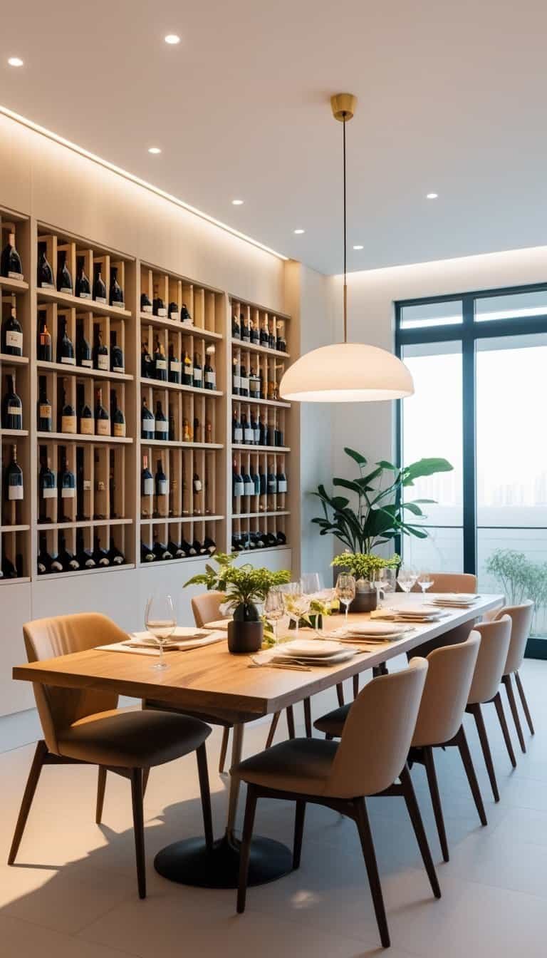 Modern Dining Room Ideas - A dining room with built-in wine racks filled with bottles, a wooden dining table set with chairs, and natural light coming through large windows.