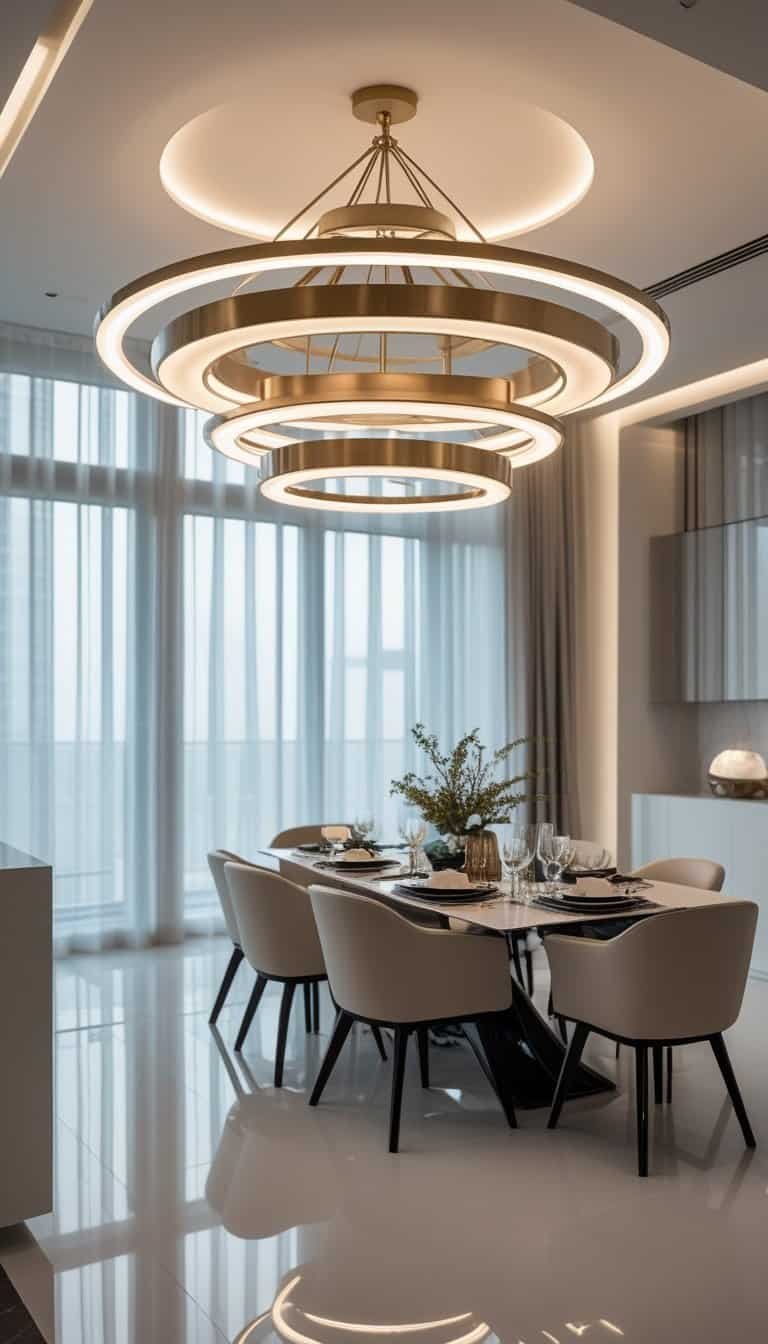 Modern Dining Room Ideas - A modern dining room with a large UFO-shaped chandelier hanging above a set dining table.
